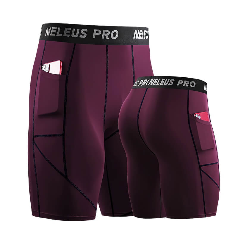 Male elastic short compression workout tights in burgundy with pocket detail, offering flexibility and comfort for athletes.